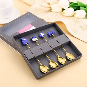 Cute Cartoon Shape Custom GiftBox Spoon Korean Stainless Steel Gold Dessert Tea Coffee Spoon Set