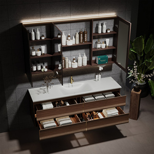 Mobile <span class=keywords><strong>Bagno</strong></span> Sospeso di Lusso con Specchio LED a Tre Pannelli, Mobile in Legno Massello da Parete <span class=keywords><strong>e</strong></span> Lavabo Integrato Impermeabile - Product Image 2