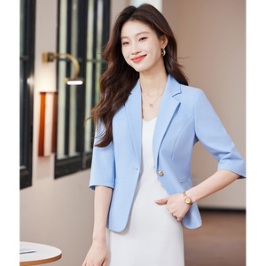 Women's 3/4 Sleeve Blazer Light Blue Solid Color Anti-Wrinkle Slim Fit Suit Jacket For Office Commuters - Product Image 4