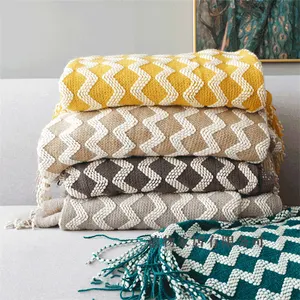100% Polyester Sofa Bed Blanket Warm Lightweight Casual Knitted Cover Solid Vintage Striped Pattern Woven Blanket