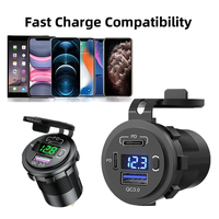 Soket USB tiga Port, pengisi daya Cepat 12V, Port USB 3.0 & pengisi daya mobil PD USB C ganda dengan Voltmeter dan saklar daya