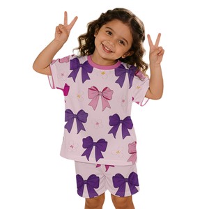 Ensemble pyjama d'été doux 2 pièces pour filles, motif pieuvre et calmar de dessin animé, couleur unie, manches courtes et short, GSM non spécifié - Product Image 5