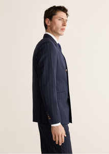 Abito <span class=keywords><strong>Doppiopetto</strong></span> Personalizzabile <span class=keywords><strong>Blu</strong></span> a Righe per Uomini d'Affari, Taglie Forti, Blazer con Polsini a Pieghe, Tessuto TR, Tempi di Consegna Rapidi - Product Image 4