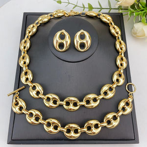 Juego de Joyería de Oro Laminado 14k al por Mayor, Collar, Pulsera, Aretes Cubanos para <span class=keywords><strong>Mujer</strong></span>, para Regalos de Boda y Fiesta, FHK24178 - Product Image 1