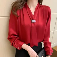 Kore gömlek şifon bluzlar kadınlar için uzun kollu gömlek Tops kadın şerit bluz üstleri moda bayanlar papyon gömlek XXL