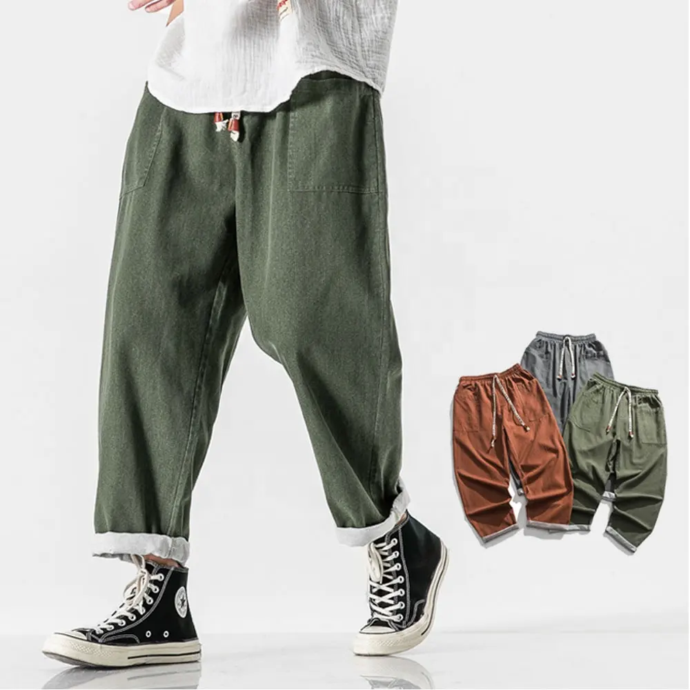 JL-0219B New Trendy Korean Vintage Washed Style Men Linen Cotton Straight Leg Track Pants Men Jeans Casual Pant