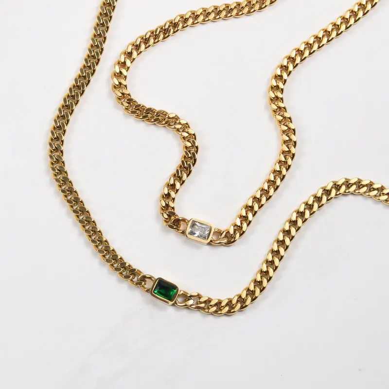 18K Gold Plated Stainless Steel Snake Chain Emerald Green Zircon Rhinestone Pendant Necklaces For Women