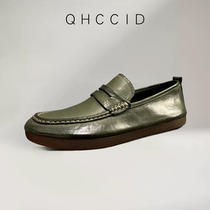 QHCCID Mocassins en cuir pour hommes, chaussures décontractées à talon bas et semelle souple, couleur kaki - Product Image 3