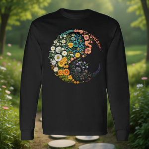 T-shirt a maniche lunghe con simbolo Yin Yang floreale, design Zen Taijitu, abbigliamento unisex - Product Image 3