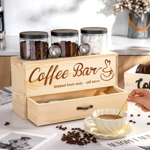 Caja de almacenamiento de madera para barra de café con tapa, cajón de 2 niveles para granos de café, azúcar, crema, organización de encimera de cocina - Product Image 1