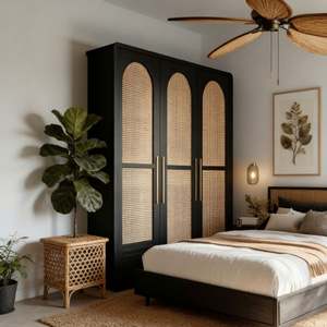 Nouvelle armoire à portes cintrées en noyer et rotin, style moderne, spacieuse, pour la chambre à coucher, meubles de rangement, organisation - Product Image 5