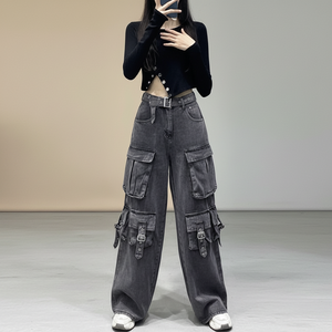 <span class=keywords><strong>Vaqueros</strong></span> Cargo Grises Vintage Personalizados para <span class=keywords><strong>Mujer</strong></span>, <span class=keywords><strong>Pantalones</strong></span> de Mezclilla con Múltiples Bolsillos, Cintura Alta, Estilo Urbano, Pierna Ancha y Holgados - Product Image 2