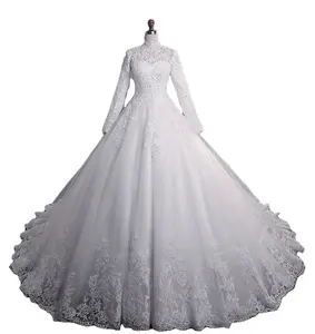 Custom new stand collar beaded long sleeve lace wedding dress elegant plus size big tail Muslim formal bridal gown