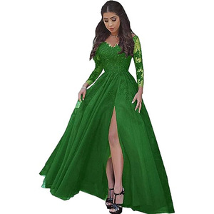 Evening Dress Long A-Line Chiffon Lace Sweetheart Neckline Slit Empire Waist Solid Color Formal Party Dress Adult Women - Product Image 4