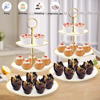 Support à gâteau de luxe en plastique PP avec placage or, 3 étages, style courtois, support à gâteau en plastique PP de qualité alimentaire, support à nourriture sucrée