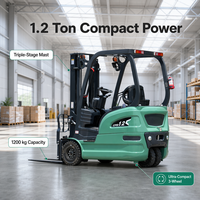 Chariot élévateur électrique 1,2 tonne 4x4 à batterie lithium-ion certifié CE, contrepoids, pour entrepôt, moteur AC compact, mât 2 étages court