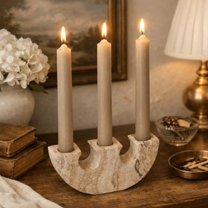 Porte-bougie en pierre de <span class=keywords><strong>travertin</strong></span> beige naturel à double tête - Product Image 4