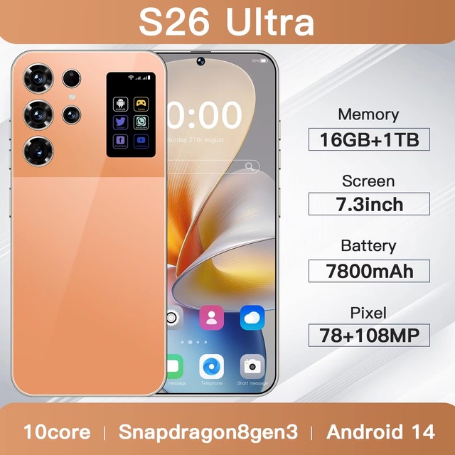 S26 Ultra Smartphone 7.3 Inch LCD Full HD Deca Core 144Hz 22GB+2TB 108MP Rear Camera Face ID 100W Quick Charge 5G Android 14