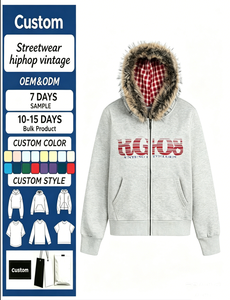 Sweat à <span class=keywords><strong>capuche</strong></span> zippé court pour homme <span class=keywords><strong>avec</strong></span> <span class=keywords><strong>capuche</strong></span> à bordure, doublure à carreaux rouges, imprimé graphique lettres vintage, style streetwear décontracté - Product Image 1