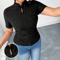 T-shirt rétro style chinois à manches courtes avec boutons grenouille - Haut décontracté noir brodé pour femme