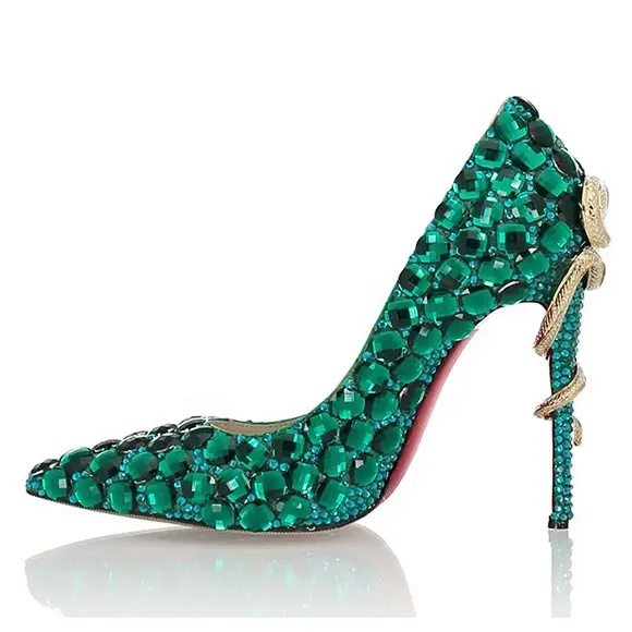 New style handmade diamond-studded green fashion high heels snake-shaped stiletto heel sexy women's shoes