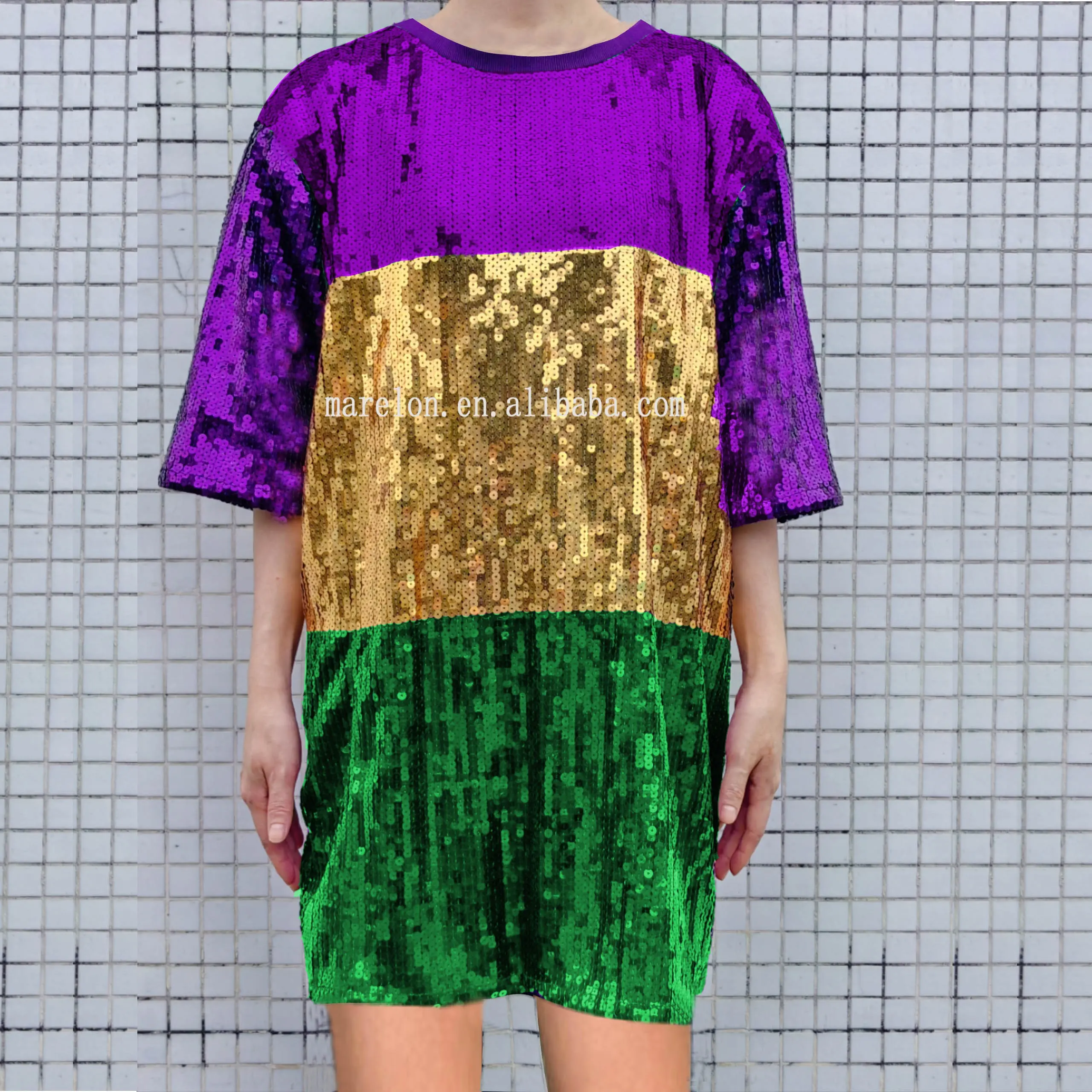 Nieuw Design Mardi Gras Kleding Paars Groen Goud Mardi Gras Pailletten Jurk Lange Streep Shirt