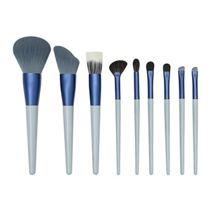 Ensemble de pinceaux de <span class=keywords><strong>maquillage</strong></span> à faible MOQ, marque privée, manche en bois, poils synthétiques hypoallergéniques, sans perte de poils, virole bleue, sac en PU pour <span class=keywords><strong>coffret</strong></span> cadeau - Product Image 2