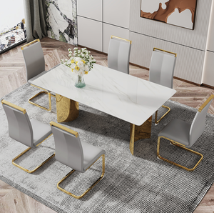 Modern Square Stone Dining <b>Table</b> with White Marble Glass Top and Golden Metal Legs for Hotel Use - Product Image 5