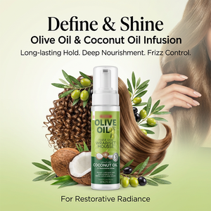 Mousse capillaire professionnelle hypoallergénique infusée à l'huile d'olive et de noix de coco - Anti-frisottis, réparatrice, brillance et tenue forte - Product Image 5