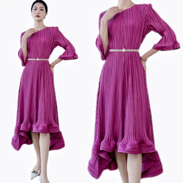 Hot Sale Customized Vintage Women Miyake Pleated Long Dress Female Elegant Silim Waist Maxi dress with belt Evening Dress