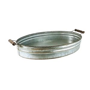 Plateau en métal de forme ovale Country Farmhouse Vintage Decor Plateau de fête Plateau de service en métal rustique galvanisé avec poignées en bois - Product Image 1