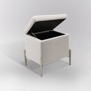 Contenedor POUF de 45x45 cm, altura 35 cm, tela con efecto bouclé blanca - Product Image 1