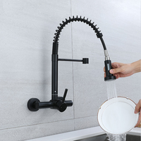 Robinet de cuisine mural en acier inoxydable noir mat avec douchette extractible à ressort pour hôtels, vente en gros