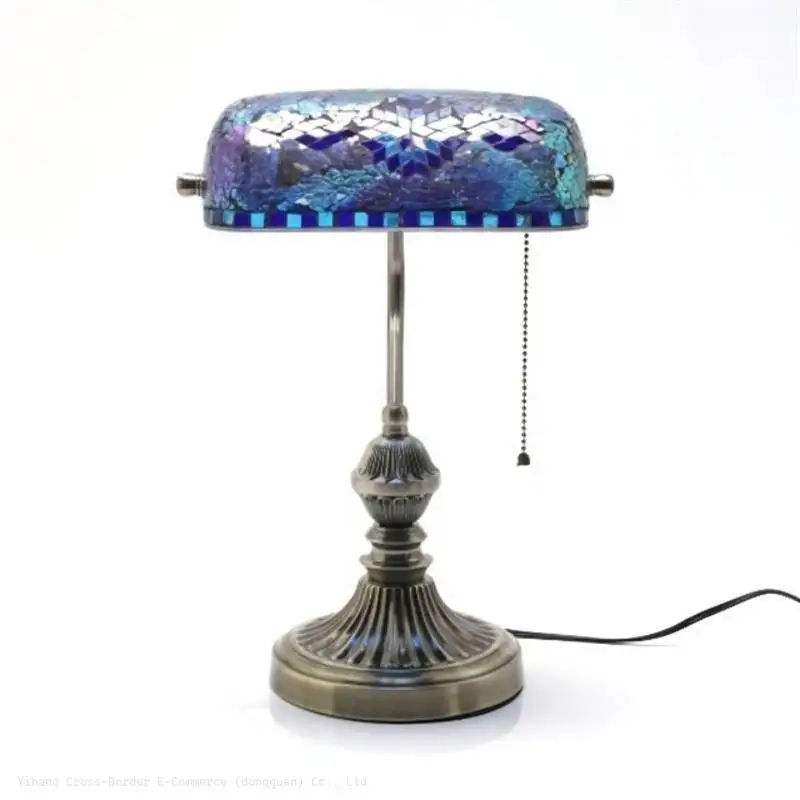 Luminária de mesa mediterrânea em mosaico de vidro turco, lâmpada de mesa marroquina com corrente de tração, lâmpada de leitura em latão para banqueiro, lâmpada Tiffany