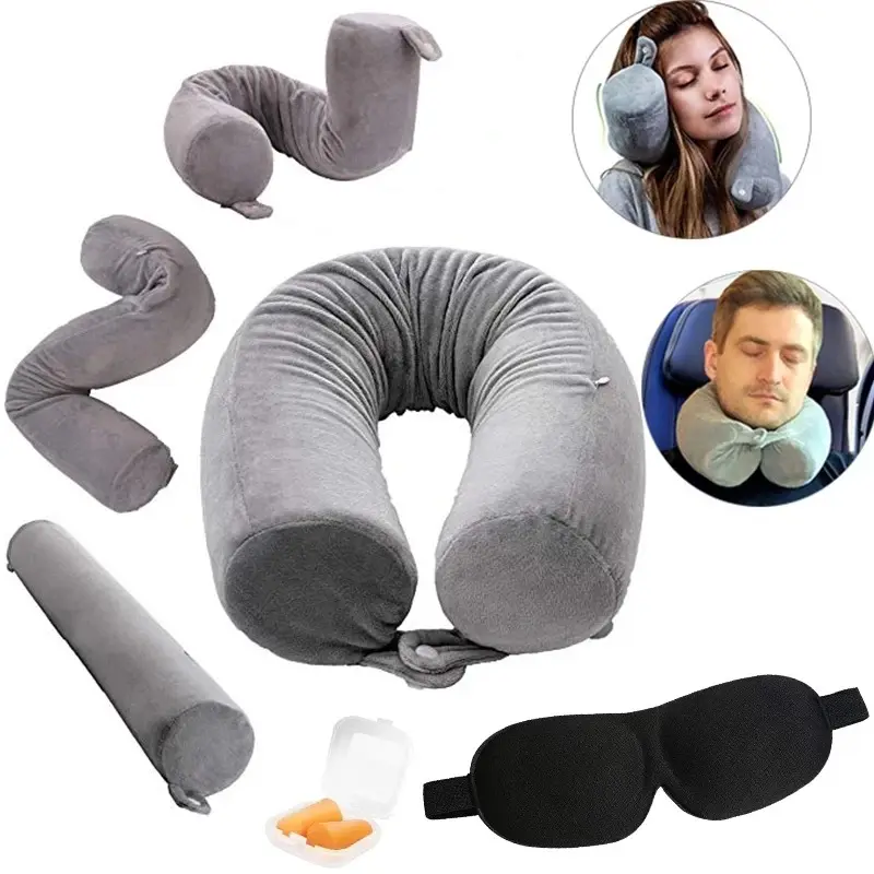 Venda quente nova memória espuma Bendable Pescoço Chin lombar cabeça apoio torção viagem travesseiro conjunto com tampões de ouvido máscara de olho 3D
