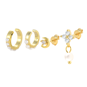 QLEESI Ensemble de 4 pièces avec clip en C en perle, étoile, lune et zircon, bijoux en argent sterling 100% de haute qualité - Product Image 1