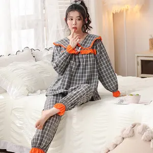 Pijama de algodón de manga larga para mujer, ropa de dormir con estampado, de alta calidad