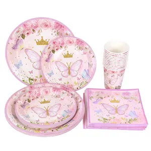 Nicro Baby Shower Butterfly Pink Themed Kids Party Supplies Birthday Paper Plates Disposable Dinnerware Plate Paper Plate Set