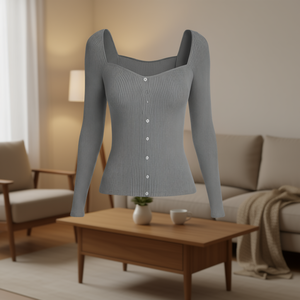 Yms146 Blusa de punto para mujer, cuello cuadrado, manga larga, botones delanteros, color sólido, ajuste elástico, uso diario minimalista - Product Image 2
