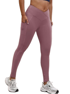 High Waist Solid Color Yoga <b>Leggings</b> With Pockets Full Length Seamless Four-Way Stretch Spandex <b>Nylon</b> Pants - Product Image 1