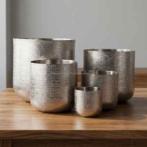 Set of 5 round Aluminum Nickle Tableware Indoor/Outdoor Use Silver Texture <b>Planters</b> Texture <b>Planter</b> for Plants Serving <b>Trays</b> - Product Image 3