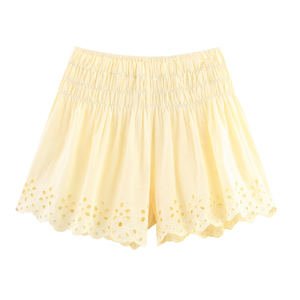 Shorts d'été décontractés jaunes pour femme, taille élastique respirante, coupe ample, broderie tissée, taille mi-haute - Product Image 1