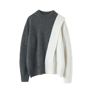 Wholesale Korea Clothing Guangzhou Sweaters Maker Chunky Patchwork O-neck Long Sleeve Irregularity Contrast Color Pullover