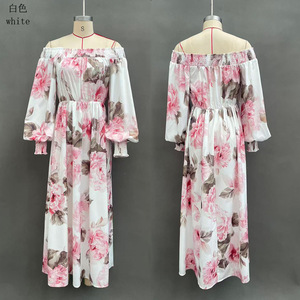Vestido Midi Bohemio de Gasa con Hombros Descubiertos, Estampado Floral y Cintura Fruncida para Mujer, Ideal para <span class=keywords><strong>Vacaciones</strong></span> de Verano - Product Image 6