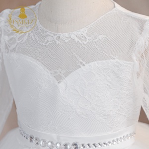 Robe de princesse en satin à manches longues et dentelle florale blanche, col rond, pour les fêtes d'anniversaire, robes de fête pour enfants, pour mariage, pour bébé fille - Product Image 4