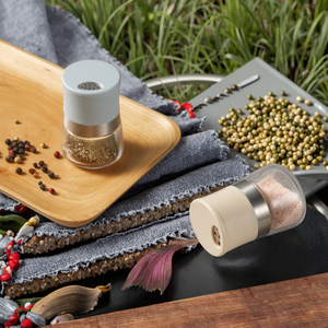 Thiết Kế Mới Rpet Nhựa Gia Vị Shaker Với Chai Thủy Tinh Nấu Ăn Công Cụ Xách Tay Hai Bánh Răng <span class=keywords><strong>Mini</strong></span> Muối Và Hạt Tiêu Gia Vị Shaker Jar - Product Image 1