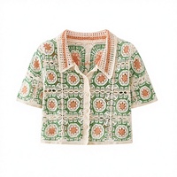Cardigan tricoté d'été pour femme, à manches courtes, ajouré, avec col contrastant et empiècements courts, vente en gros directe usine