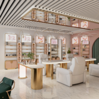 Comptoir de réception incurvé Sundo pour salon de beauté, en MDF blanc, avec logo gravé sur mesure, rénovation clé en main pour salon de beauté