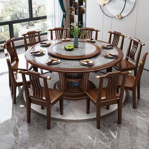 Ensemble table et chaises de salle à manger rondes de style chinois en bois massif avec plateau en pierre, grand mobilier de salle à manger pour les réunions de famille à la maison - Product Image 3