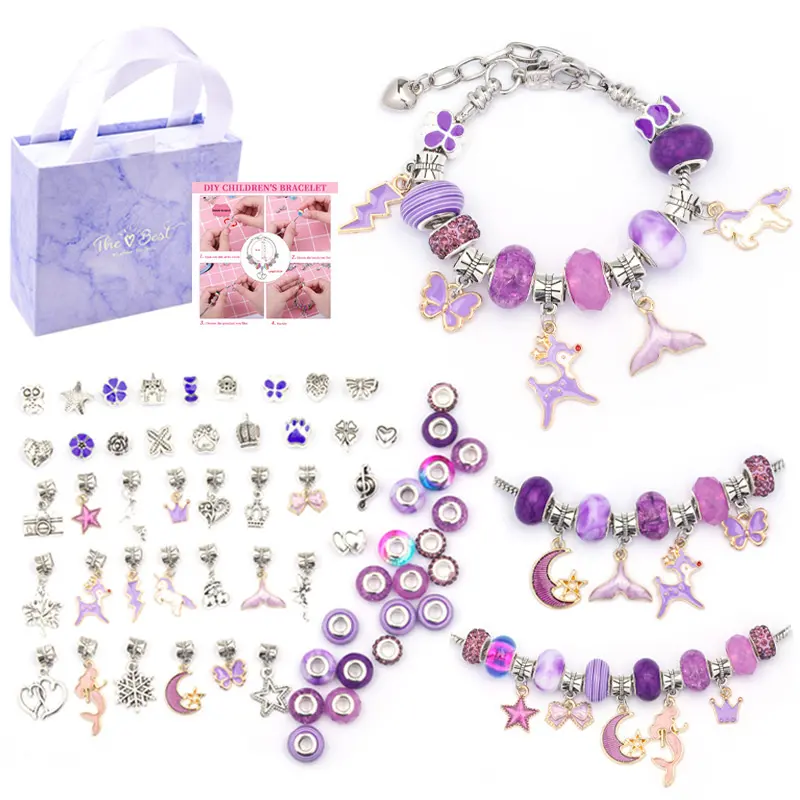 Conjunto de pulseras moradas para niños, joyería hecha a mano, exquisito regalo de cumpleaños, cuentas de cristal, caja de regalo